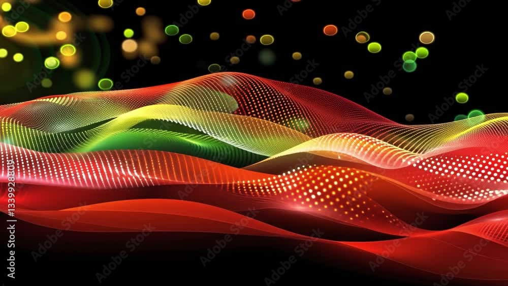 Poster vibrant abstract waves in red, green, and yellow create dynamic visual effect, evoking energy and mo