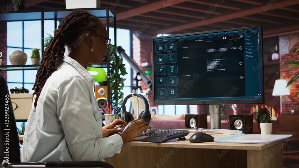 Poster woman seated at desk using ai llm chatbot software in modern urban home office. person requesting he