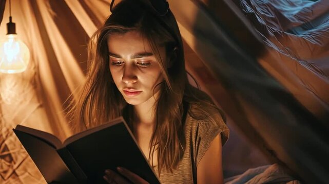 Cozy Evening Solitude Woman Reading Book in Warm Light Illuminated Indoor Tent for Relaxation and Imagination