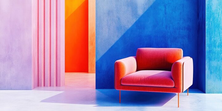 Minimalist living room design featuring a vibrant red chair and bold colorful walls