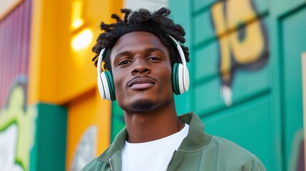 Fototapeta premium Confident young Black man wearing headphones in an urban setting