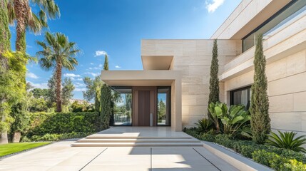 Discover innovative modern architecture in a sunny neighborhood – exquisite luxury residence front view