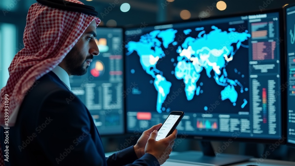 Poster man wearing traditional arab headscarf standing front multiple computer monitors holding smartphone 