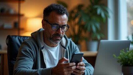 man sitting desk laptop front him wearing grey hoodie glasses has beard man looking his phone serious expression his face background blurred appears office workspace plants window lighting dim
