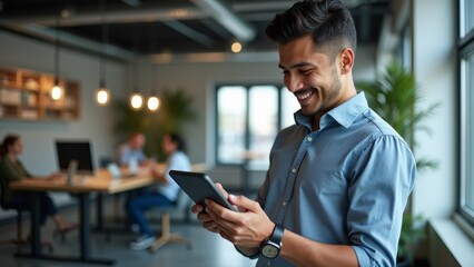 young man standing office holding tablet his hands wearing blue button down shirt has smile his face background three people sitting table laptops office supplies office has large windows plants