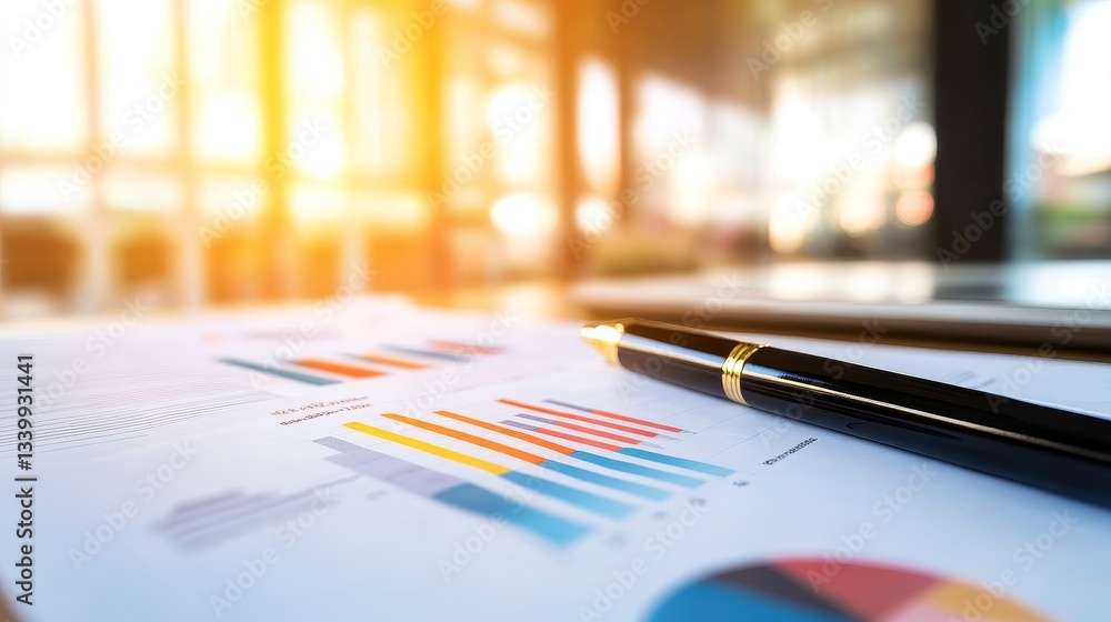 Poster business report with colorful graphs and charts on a desk in a modern office setting