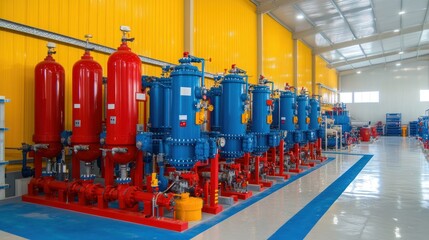 Industrial Facility: Blue and Red Cylindrical Tanks in a Warehouse Setting