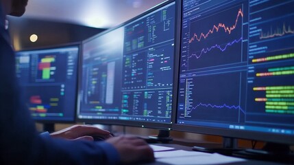 Professional data analyst working on multiple monitors displaying complex financial graphs and metrics