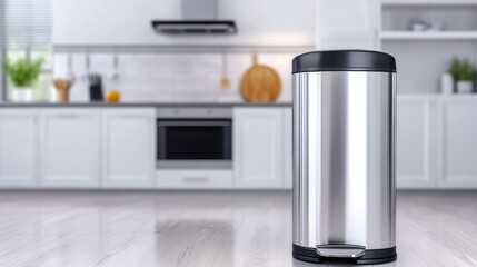 Modern kitchen interior featuring a sleek stainless steel trash can with a minimalist design