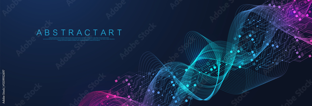 Poster Artificial Intelligence or machine learning vector design. Quantum computer technology concept with circuit board and motherboard texture background design. Waves flow quantum explosion