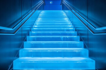 Obraz premium Glowing Blue Staircase Modern Architecture Interior Design