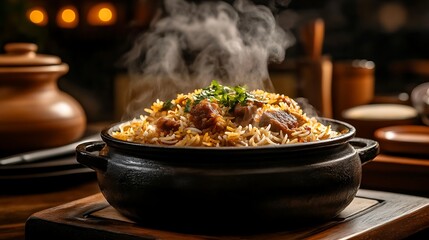 Close-up of a steaming biryani dish in a traditional clay pot
