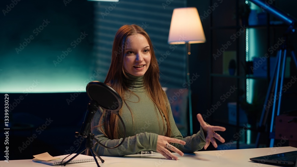 Poster upbeat content creator in studio filming herself discussing topics of interest for generation z fanb