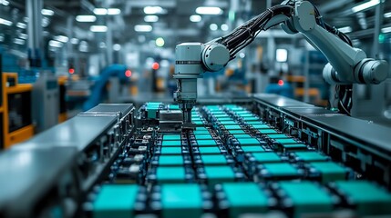 A high tech battery recycling facility with automated robotic arms dismantling and repurposing used batteries into new energy cells. Industrial realism