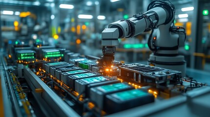 A high tech battery recycling facility with automated robotic arms dismantling and repurposing used batteries into new energy cells. Industrial realism, vibrant blue and green tones,