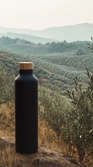  Tall Frosted Black Olive Oil Bottle with Wooden Lid, Olive Grove, Morning Mist. Copy space. Generative AI
