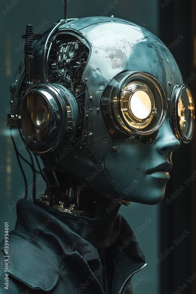 Poster a futuristic bionicist robot with a metallic head and large, round glasses. the robot's head is part