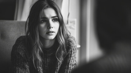 Naklejka premium thoughtful woman in cozy sweater gazes intently, conveying deep emotions