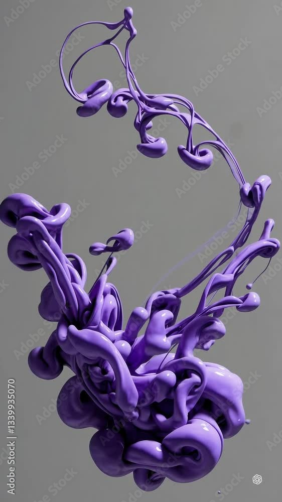 Poster dynamic flow of purple ink: abstract swirls and twists on gray background