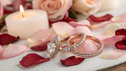 A Breathtaking Rose Gold Engagement Ring And Wedding Band Set Nestled Amongst Delicate Rose Petals And A Softly Glowing Candle, Symbolizing A Romantic And Enduring Love