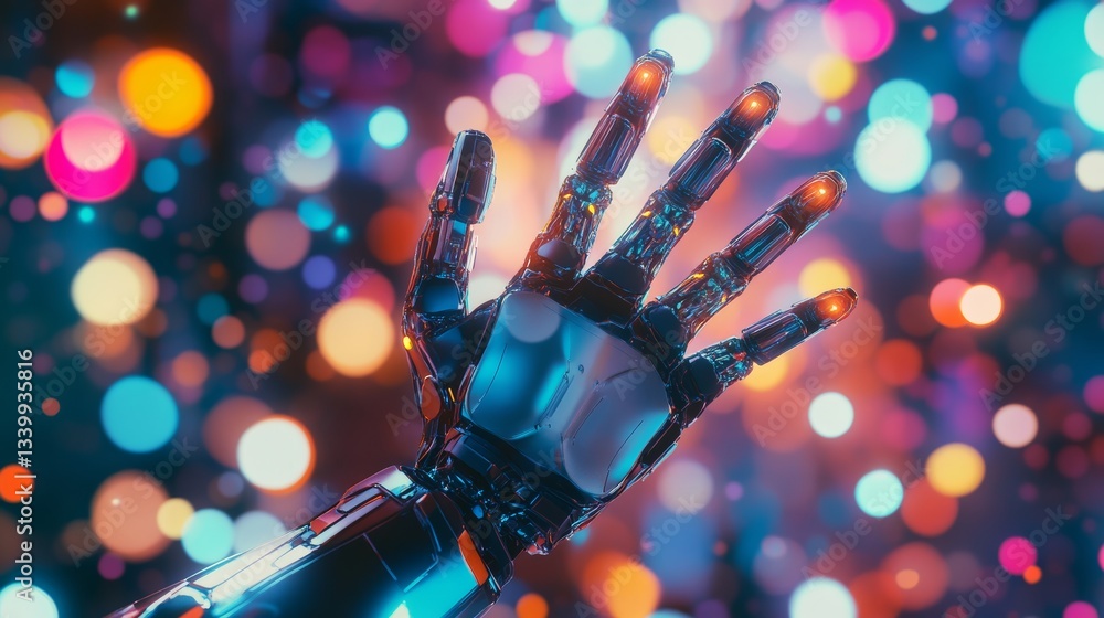 Poster robotic hand reaching towards colorful bokeh lights, futuristic technology concept