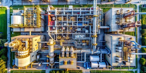 Abstract Modern Industrial Factory Design: Drone View, Advanced Engineering, Clean White Background