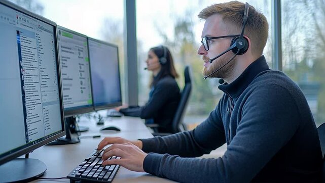 Focused call center agent provides remote customer service, utilizing modern technology