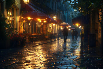 Charming Parisian Street at Night with Rain-Soaked Cobblestones