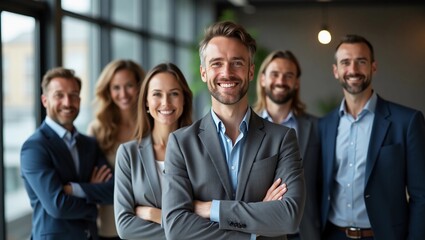 Fototapeta premium Portrait of successful group of business people at modern office looking at camera. Portrait of happy businessmen and satisfied businesswomen standing as a team. Multiethnic group of people smiling.