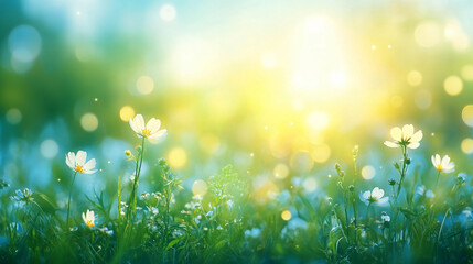 Fototapeta premium A serene spring meadow featuring lush green grass and delicate wildflowers, perfect for spring promotions, nature-themed events, and wellness campaigns.