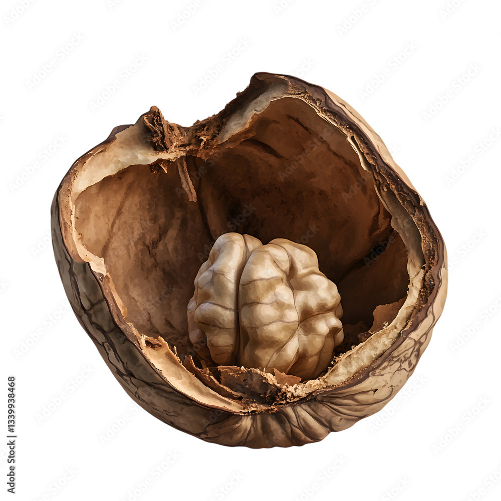 Poster cracked open walnut with visible nut on clear background transparent background cut out