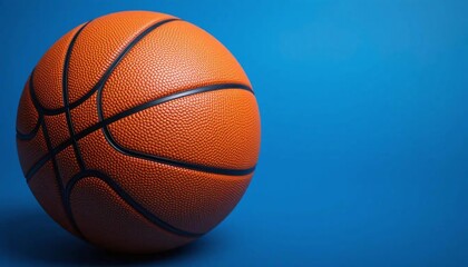 Fototapeta premium An orange basketball with black lines on a blue background in a studio setting with soft lighting