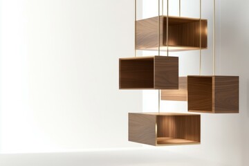 Minimalist wooden cube shelves on white wall design background for modern home and office interiors