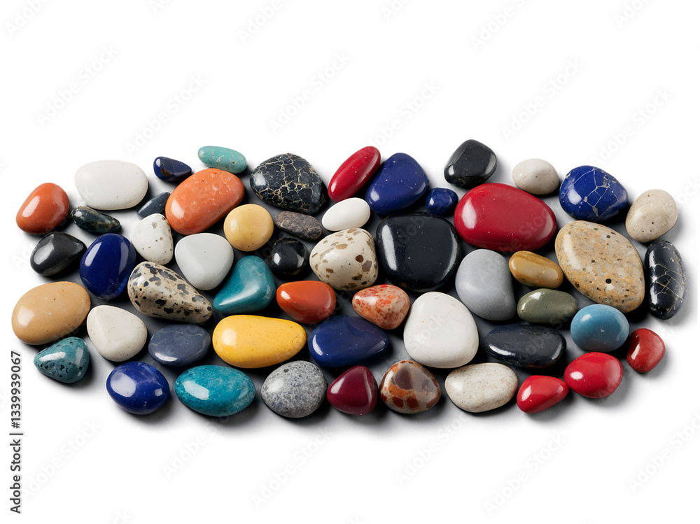 Poster a colorful array, realistic pebbles and stones in varied textures and hues on plain surface