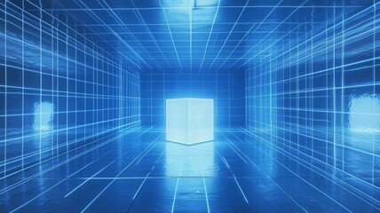 Glowing Cube in a Blue Gridded Room