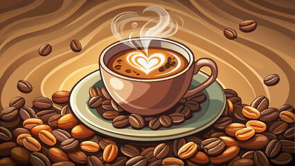 steaming cup of mocha with a heart-shaped latte art design, resting on a bed of scattered coffee beans