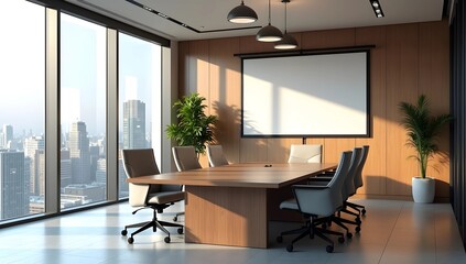 Fototapeta premium Modern Conference Room with Skyline View, Perfect for Meetings and Presentations