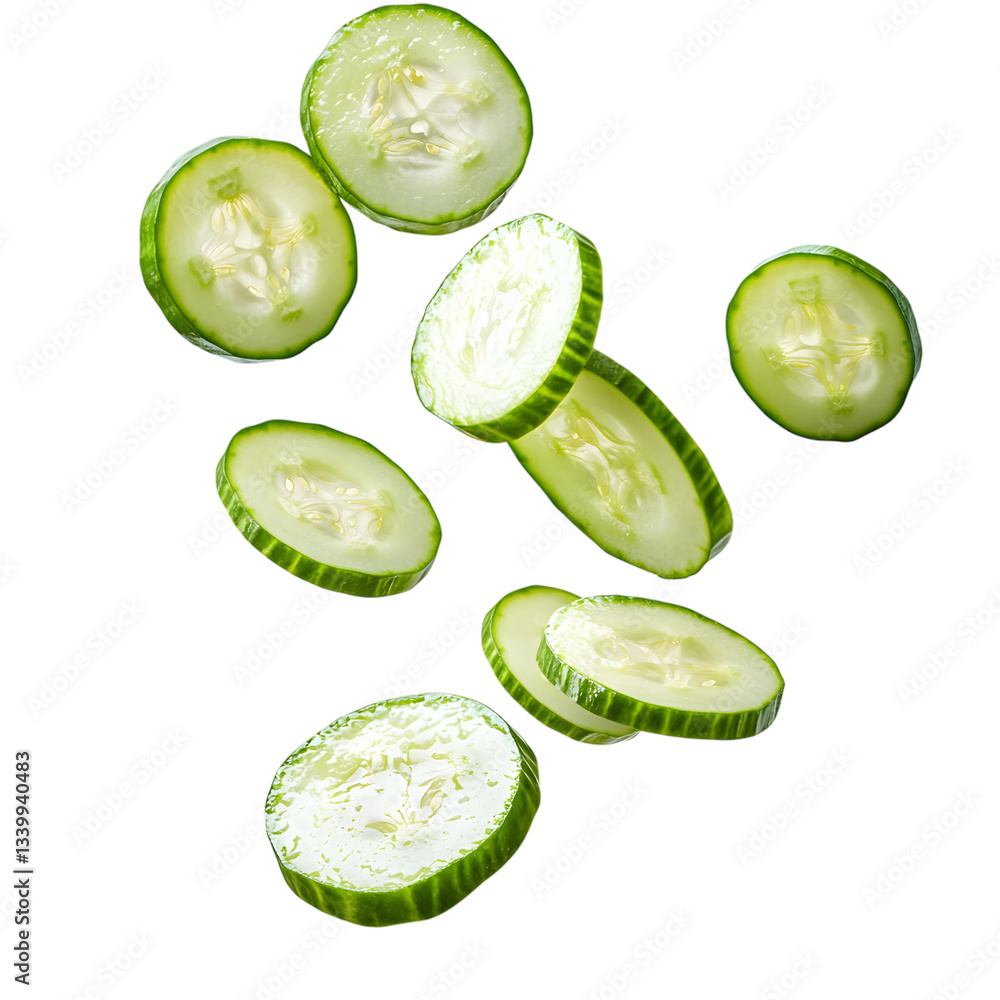 Poster cucumber slices falling on clear transparent background cut out