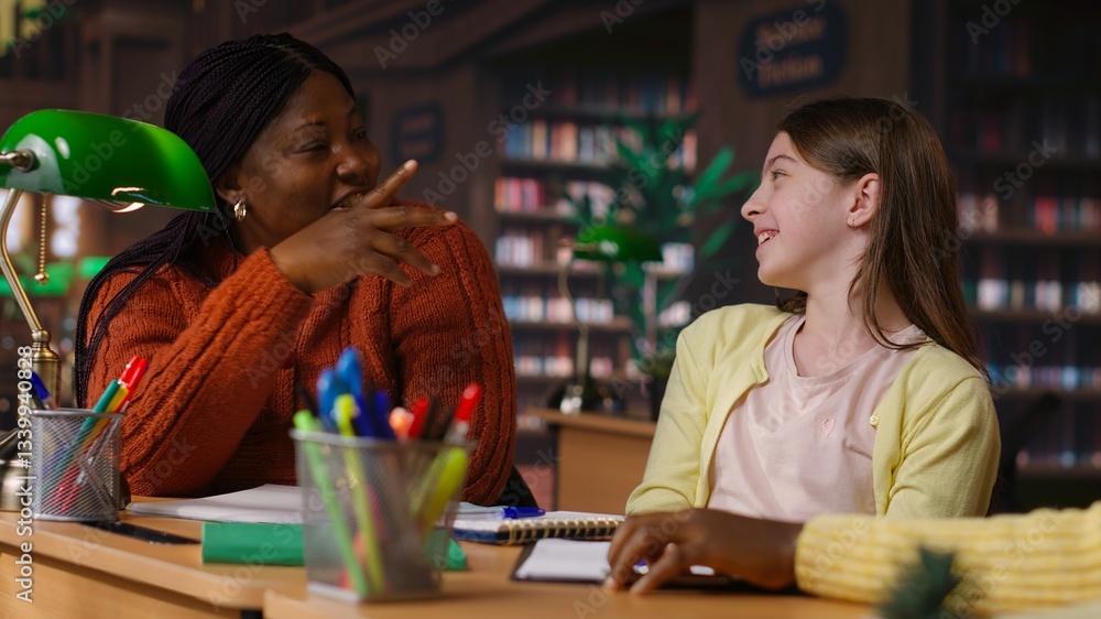 Poster primary school student sitting at desk in the library and reading next to mockup on tablet, preparin