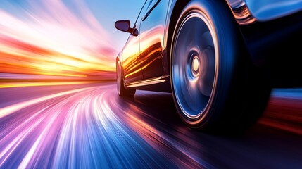 Dynamic motion of a car racing along a vibrant sunset-lit road with blurred light