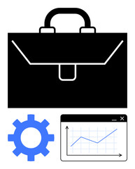 Black briefcase, blue gearwheel, and analytics chart window with upward graph. Ideal for corporate workflow, management, analytics, planning, teamwork growth strategy productivity. Flat simple