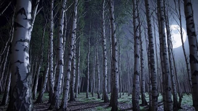 Moonlit white birch forest glowing under luminous full moon, casting ethereal shadows across serene woodland landscape during mysterious night scene