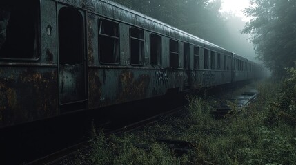 Fototapeta premium Abandoned Train in a Misty Forest Rust Graffiti and Nature Reclaiming the Railway