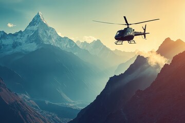 Fototapeta na wymiar Helicopter flies over a mountain range, with blue sky background. Showing extreme adventure, travel, and stunning natural landscape.