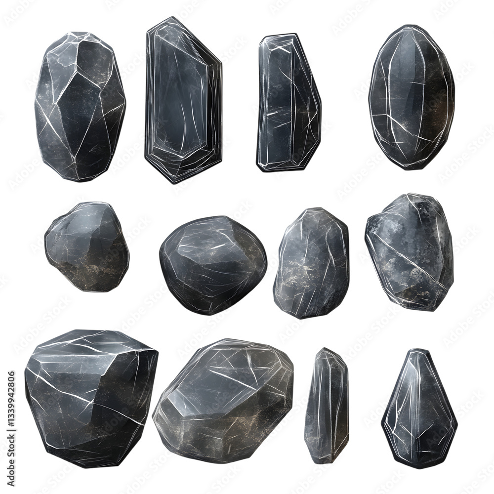 Poster different shape of realistic stone set on clear background transparent background cut out
