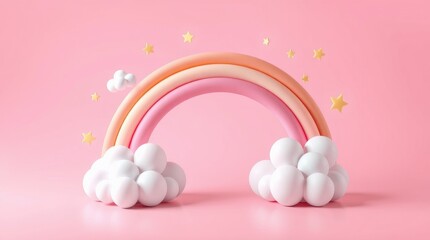 Pastel 3D Balloon Rainbow with Clouds and Stars on Pink Background