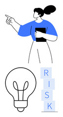 Woman pointing forward holding clipboard, large light bulb outline as creativity metaphor, and stacked blocks spelling RISK. Ideal for leadership, innovation, strategy, communication, risk