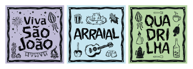 Festa de S?o Jo?o. Festa Junina posters, with isolated elements in the style of Brazilian cordel. Colorful and editable, for printing, fabric, banners