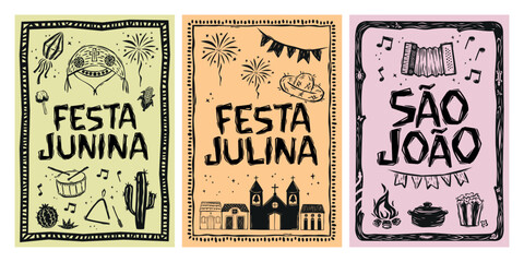 Posters for June and July festivals, in the woodcut style of cordel from northeastern Brazil. Editable vector illustrations. For printing, cards, fabric