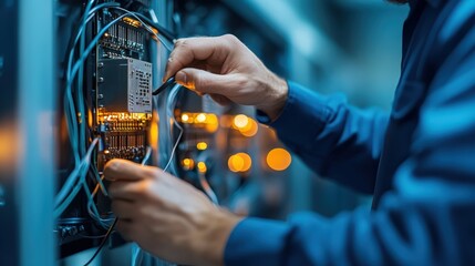 A technician skillfully manages server connections inside a state-of-the-art data center, embodying the intersection of technology, precision, and modern digital infrastructure.